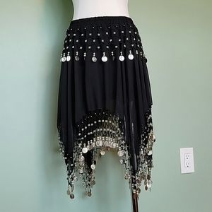 Women's Black Asymmetrical Coin-Trim Belly Dance Skirt